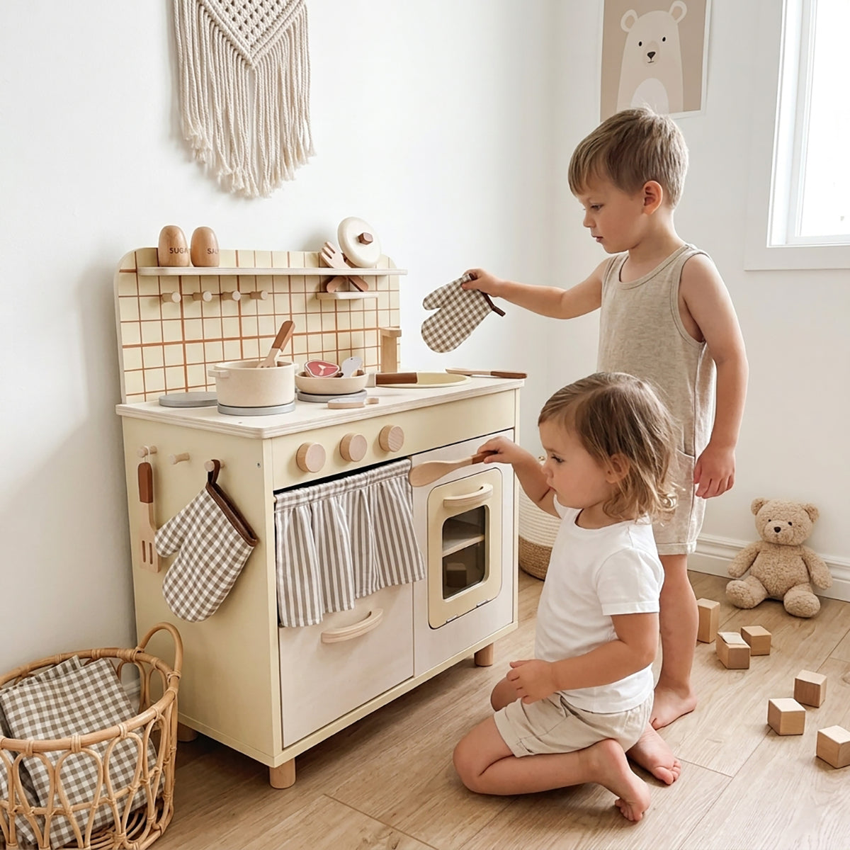 Beige Rustic Wooden Kids Kitchen Playset with Oven & Sink
