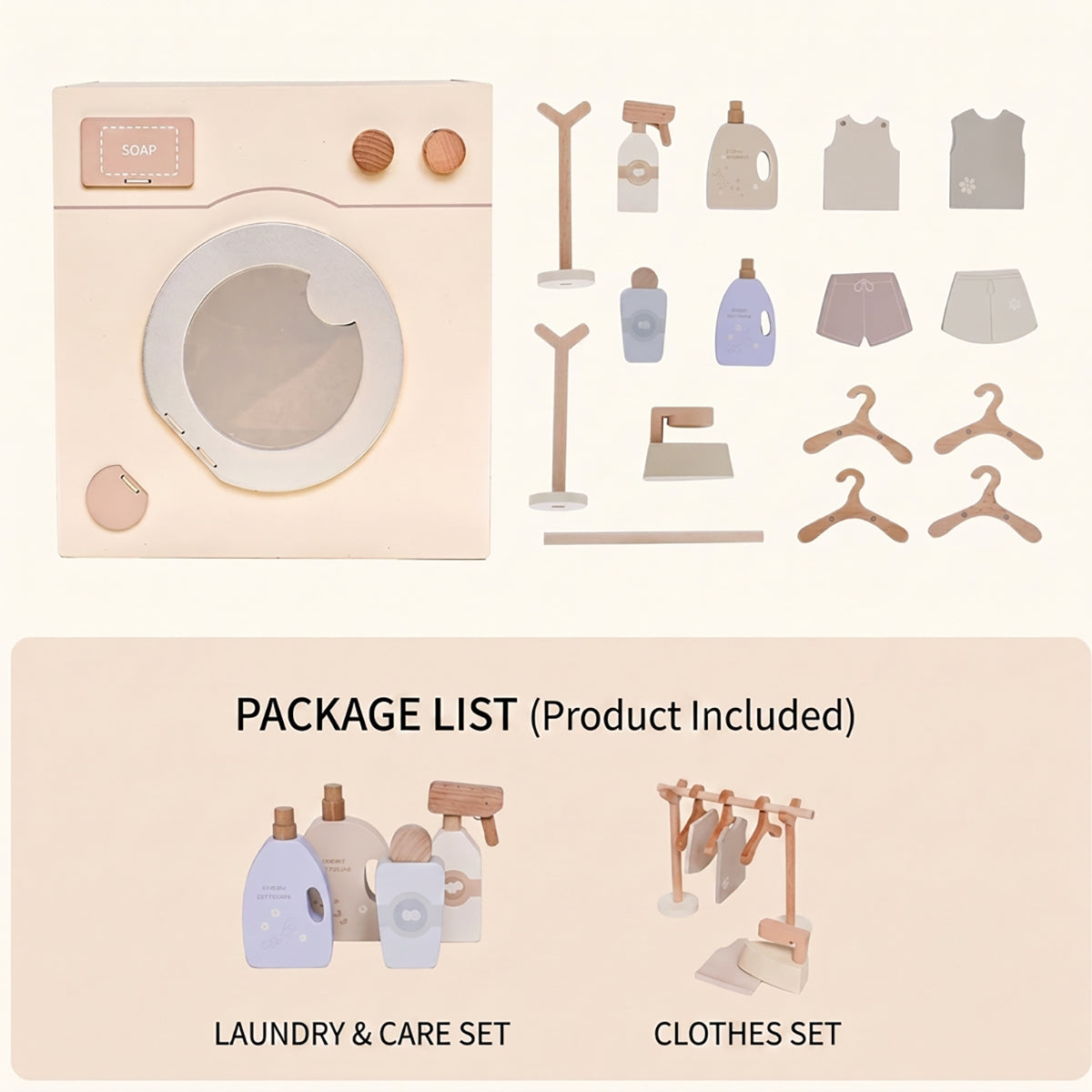 Wooden Pretend Laundry Play Set with Clothes & Hangers