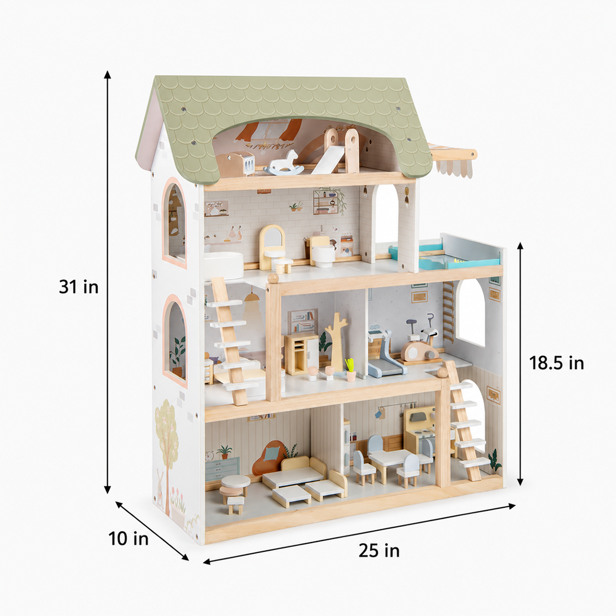 Large Wooden Dollhouse with 33-Piece Furniture Set