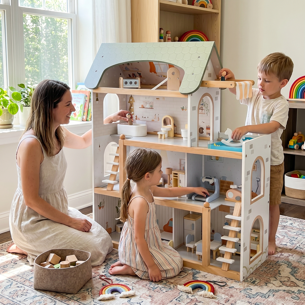Large Wooden Dollhouse with 33-Piece Furniture Set