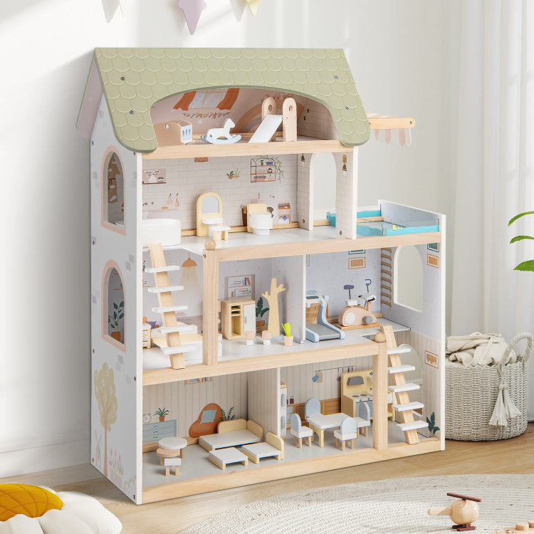 Large Wooden Dollhouse with 33-Piece Furniture Set