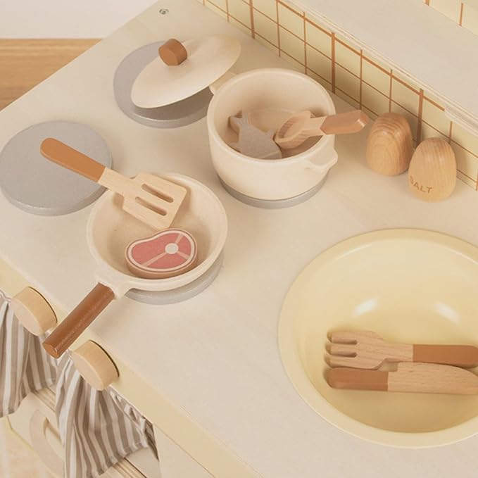 Beige Rustic Wooden Kids Kitchen Playset with Oven & Sink