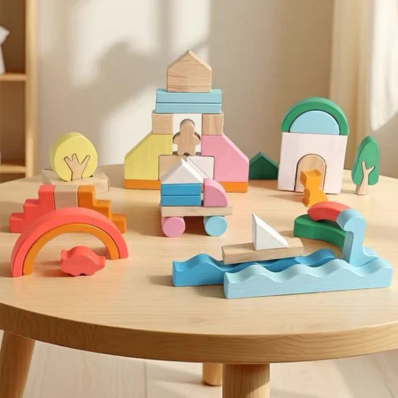 46-Piece Pastel Wooden Building Blocks Set