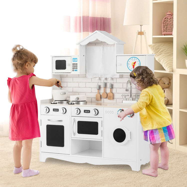 Wooden Play Kitchen with Laundry Set