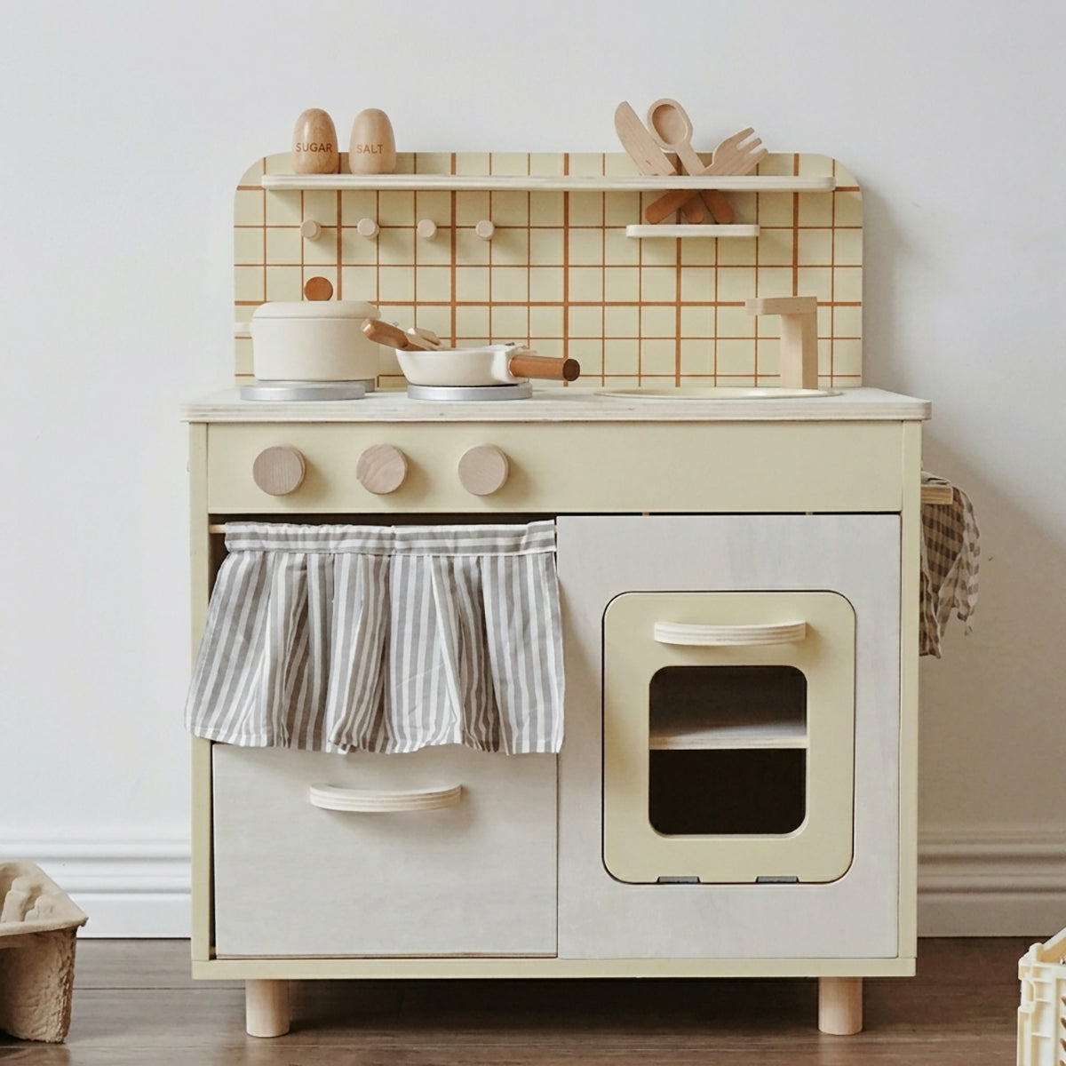 Beige Rustic Wooden Kids Kitchen Playset with Oven & Sink
