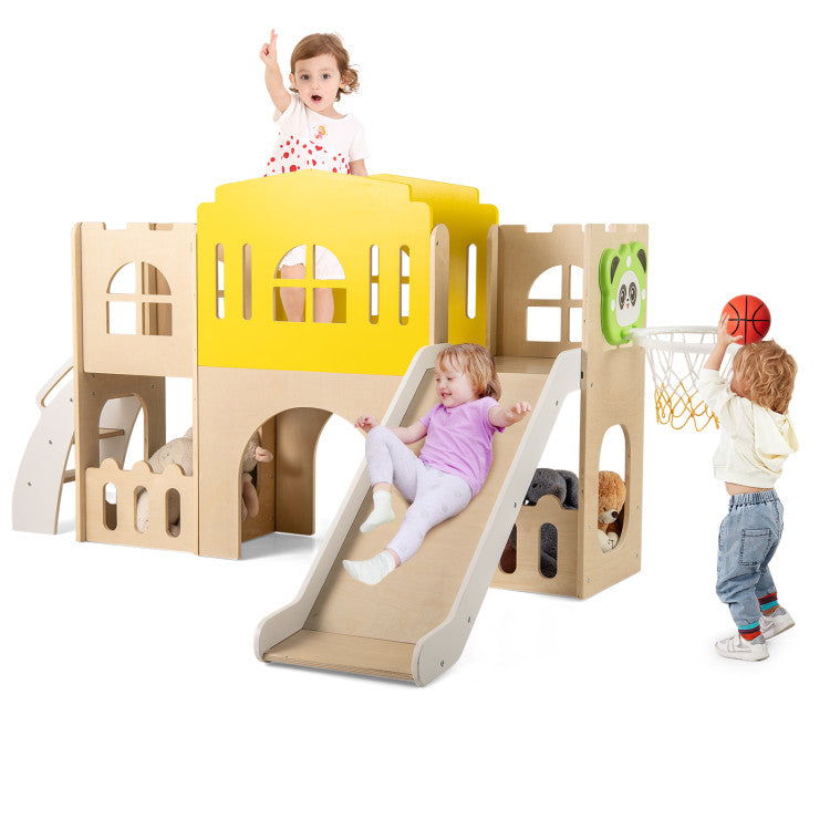 Toddler Indoor Playground with Slide and Basketball Hoop