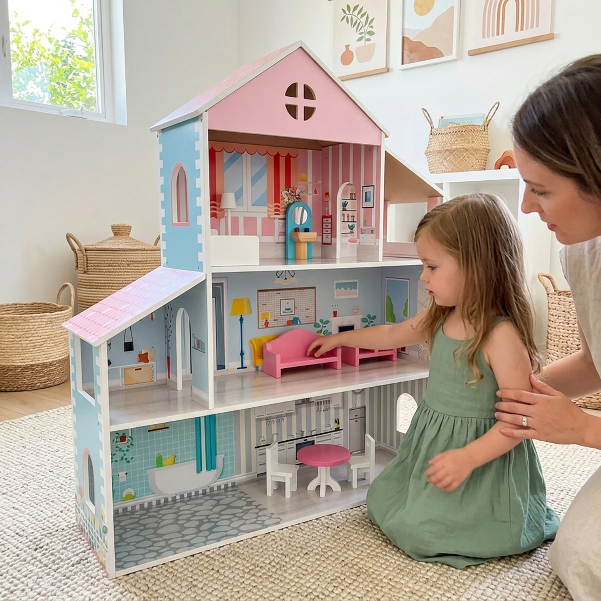 Multi-Tier Wooden Dollhouse with Furniture