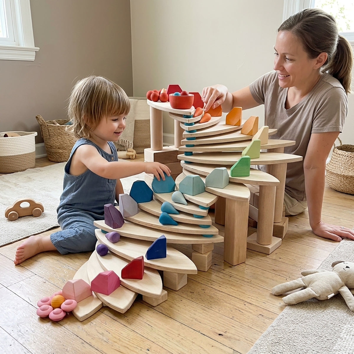 24-Piece Natural Wooden Petal Building Blocks with Tray