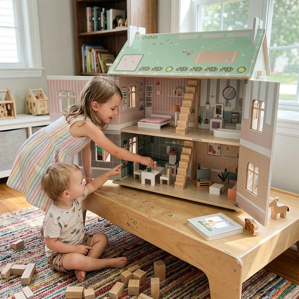3-Level Kids Wooden Dollhouse with Double Roofs & Operable Doors