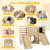 An infographic highlighting the eight interactive features of the wooden indoor kids slide: a crawl-through hole, smooth slide, spacious aisle, climbing ladder, rock climbing ramp, chalkboard, toy storage, and peek-a-boo windows.