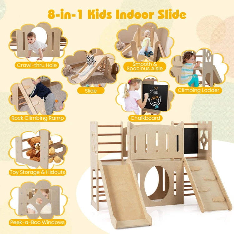 An infographic highlighting the eight interactive features of the wooden indoor kids slide: a crawl-through hole, smooth slide, spacious aisle, climbing ladder, rock climbing ramp, chalkboard, toy storage, and peek-a-boo windows.