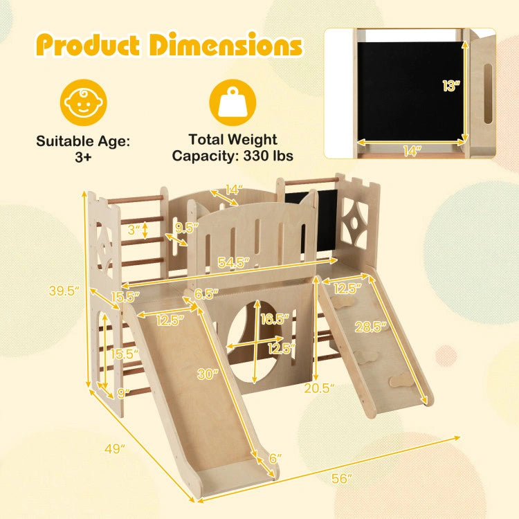 A dimension guide for the 8-in-1 wooden indoor slide. The overall playset measures 56 inches wide, 49 inches deep, and 39.5 inches high. It notes a total weight capacity of 330 pounds, suitable for active children ages 3 and up.
