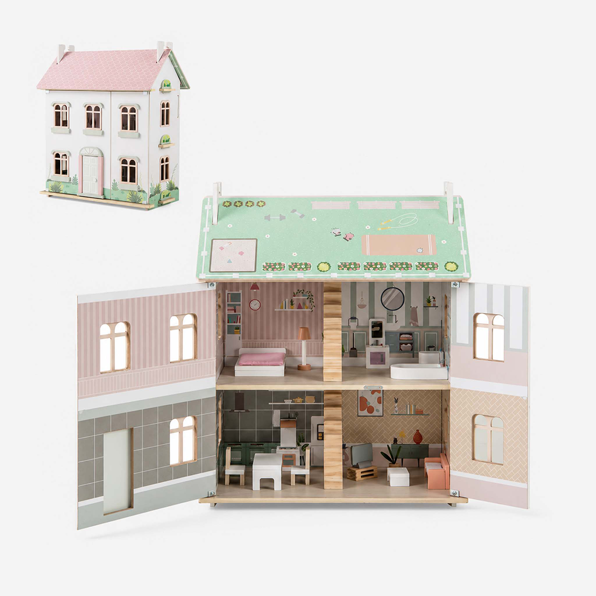 3-Level Kids Wooden Dollhouse with Double Roofs & Operable Doors