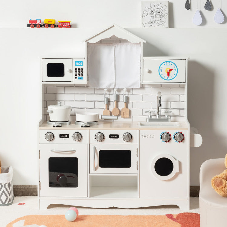 Wooden Play Kitchen with Laundry Set