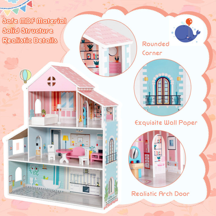 3-Tier Wooden Dollhouse with Furniture