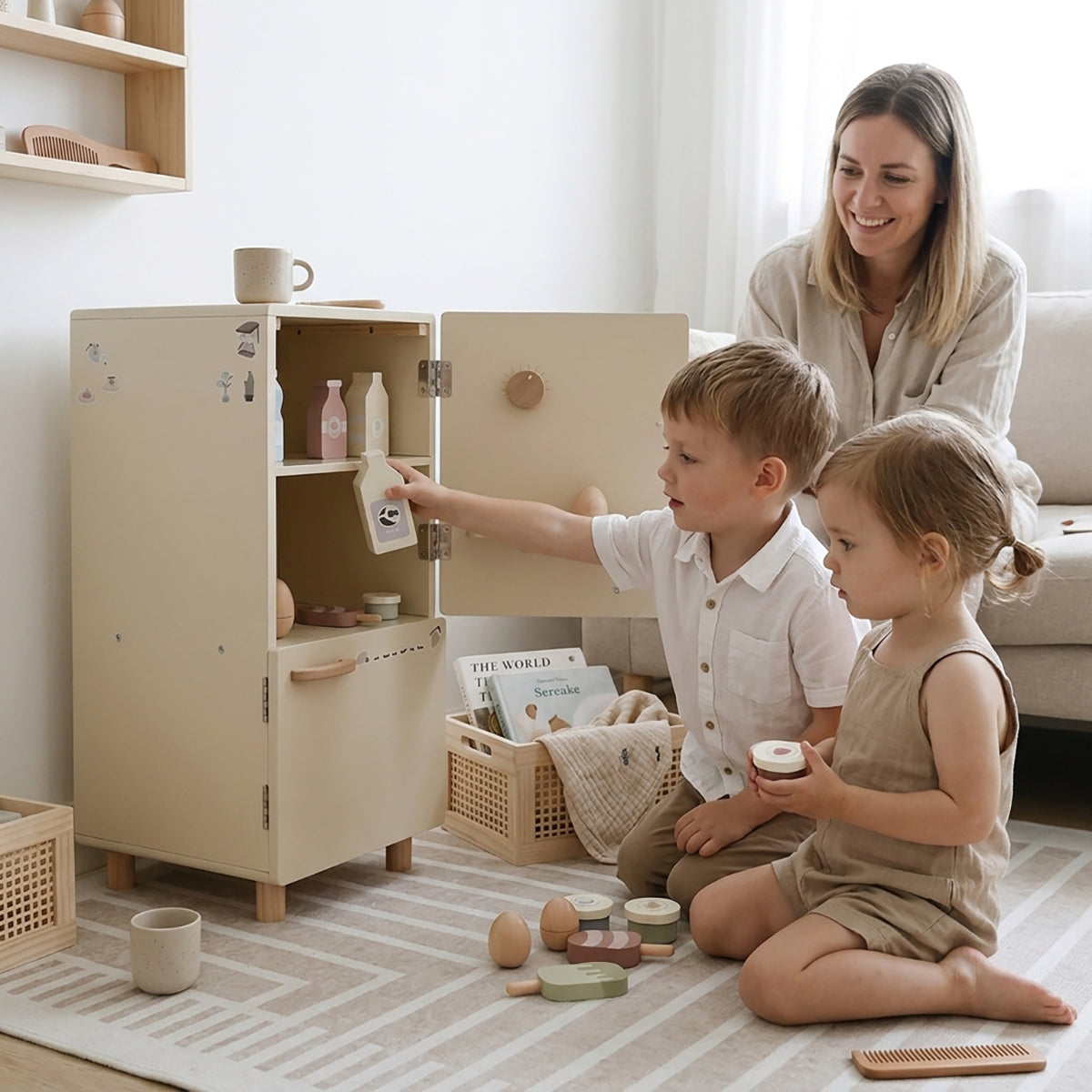 Wooden Mini Fridge Pretend Play Set with 12 Accessories