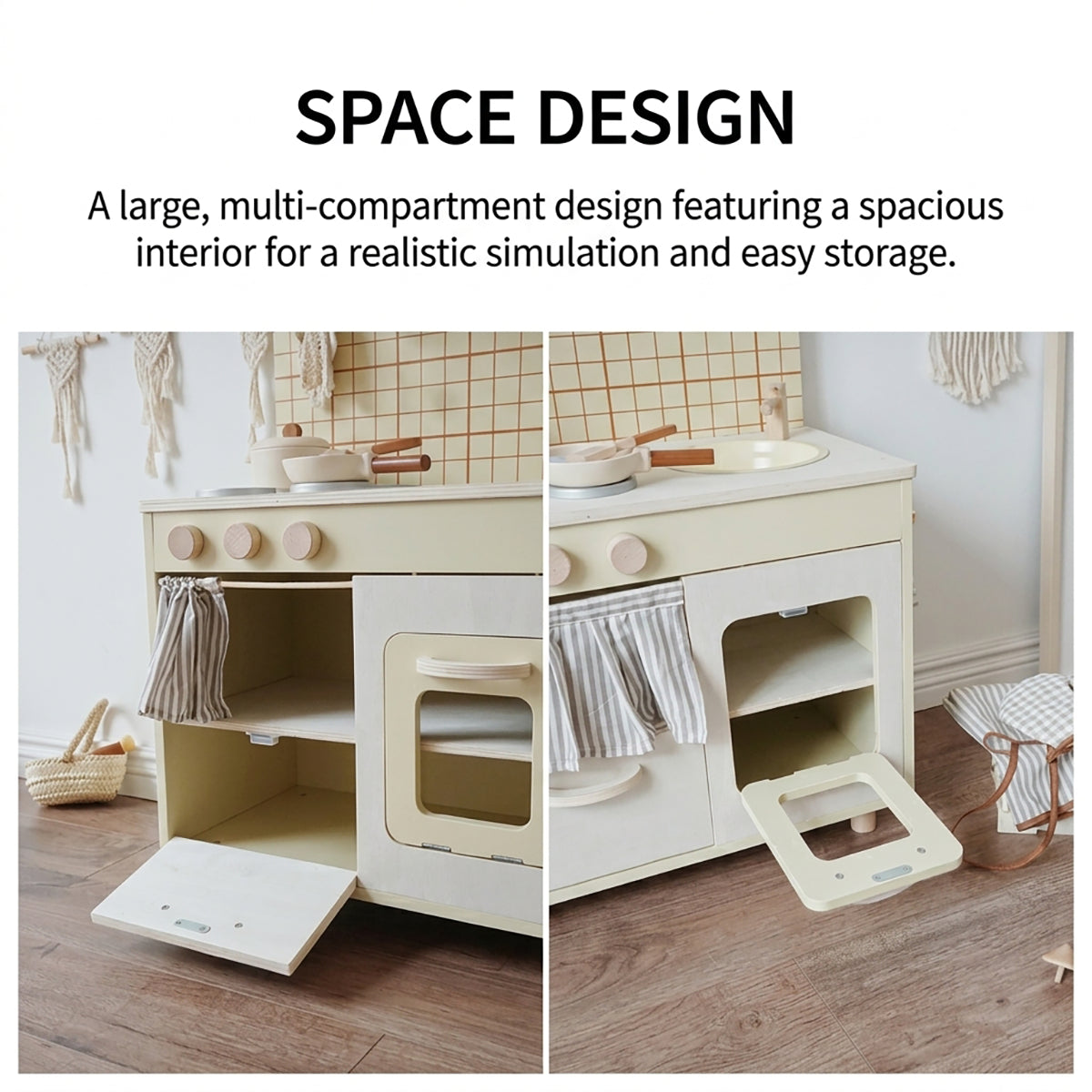 Beige Rustic Wooden Kids Kitchen Playset with Oven & Sink