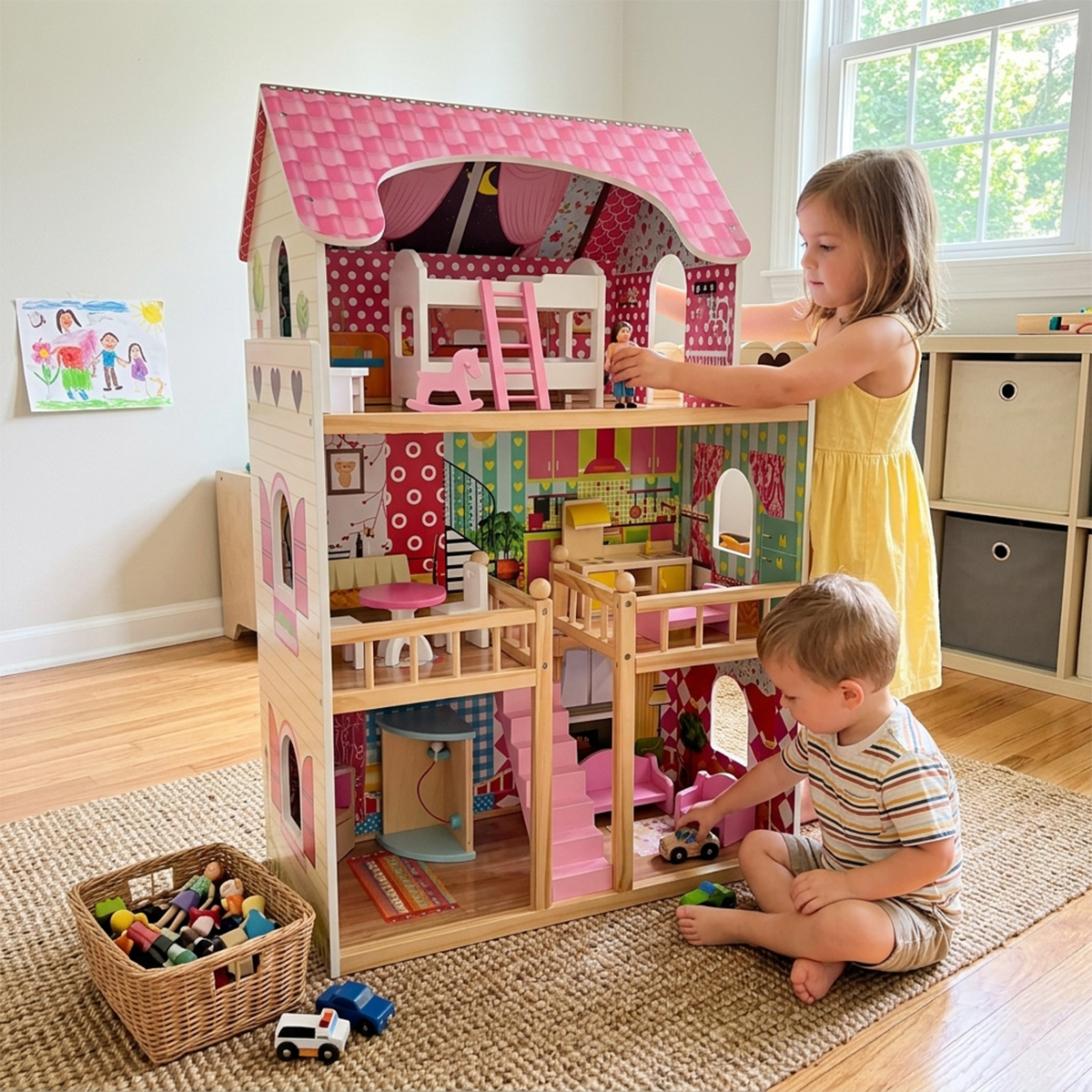 Dollhouse Playset with 6 Rooms & 15-Piece Furniture Set
