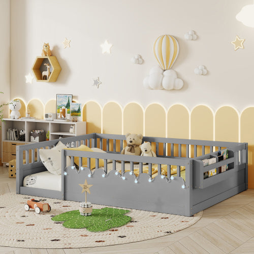 Montessori Floor Bed with Rails, LED Light & Storage Shelf