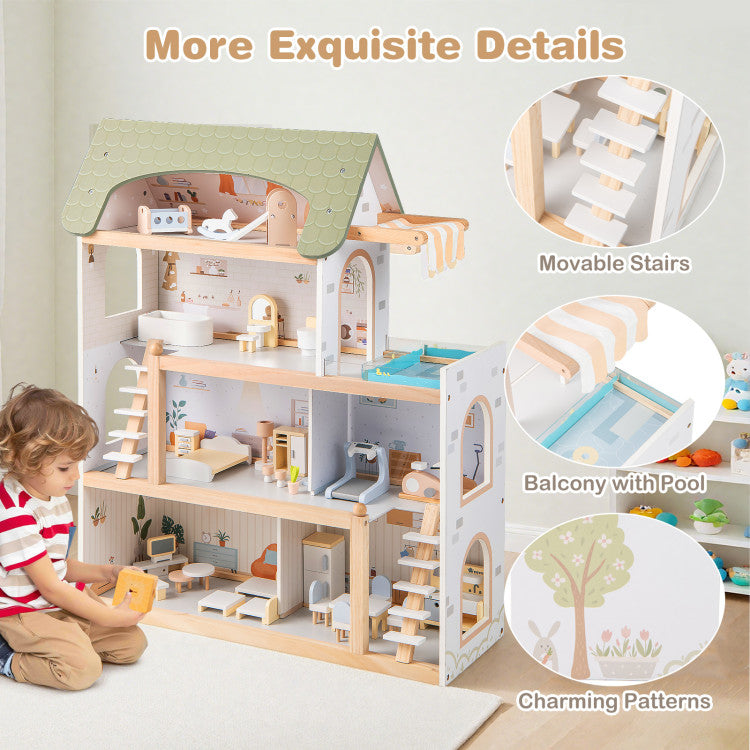 Large Wooden Dollhouse with 33-Piece Furniture Set