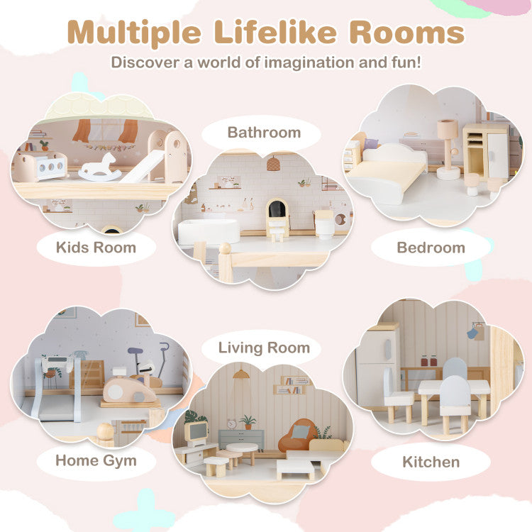 Large Wooden Dollhouse with 33-Piece Furniture Set