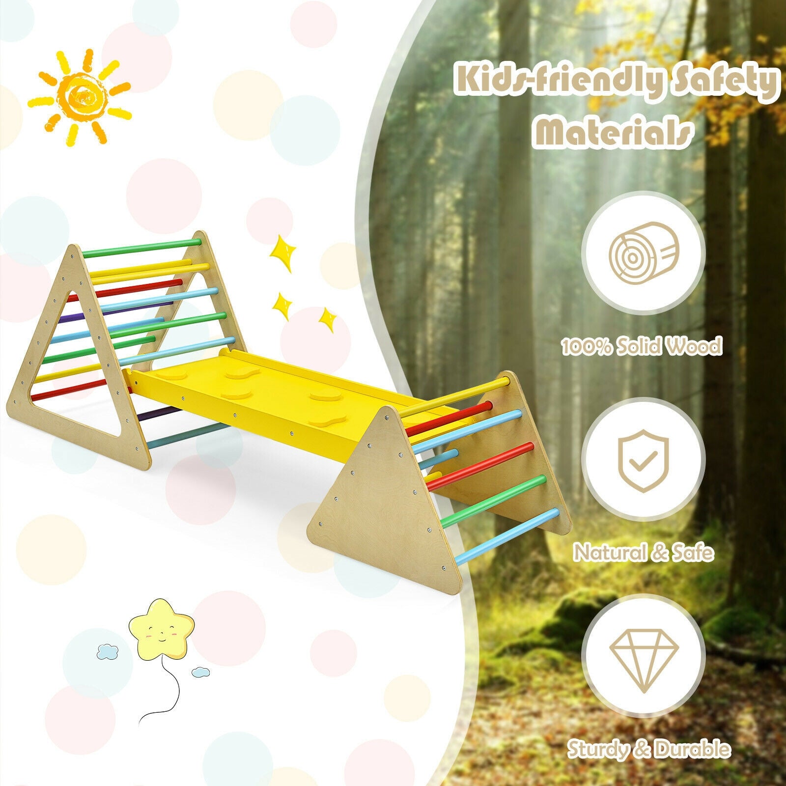 3-Piece Montessori Wooden Climbing Triangle Set with Reversible Ramp