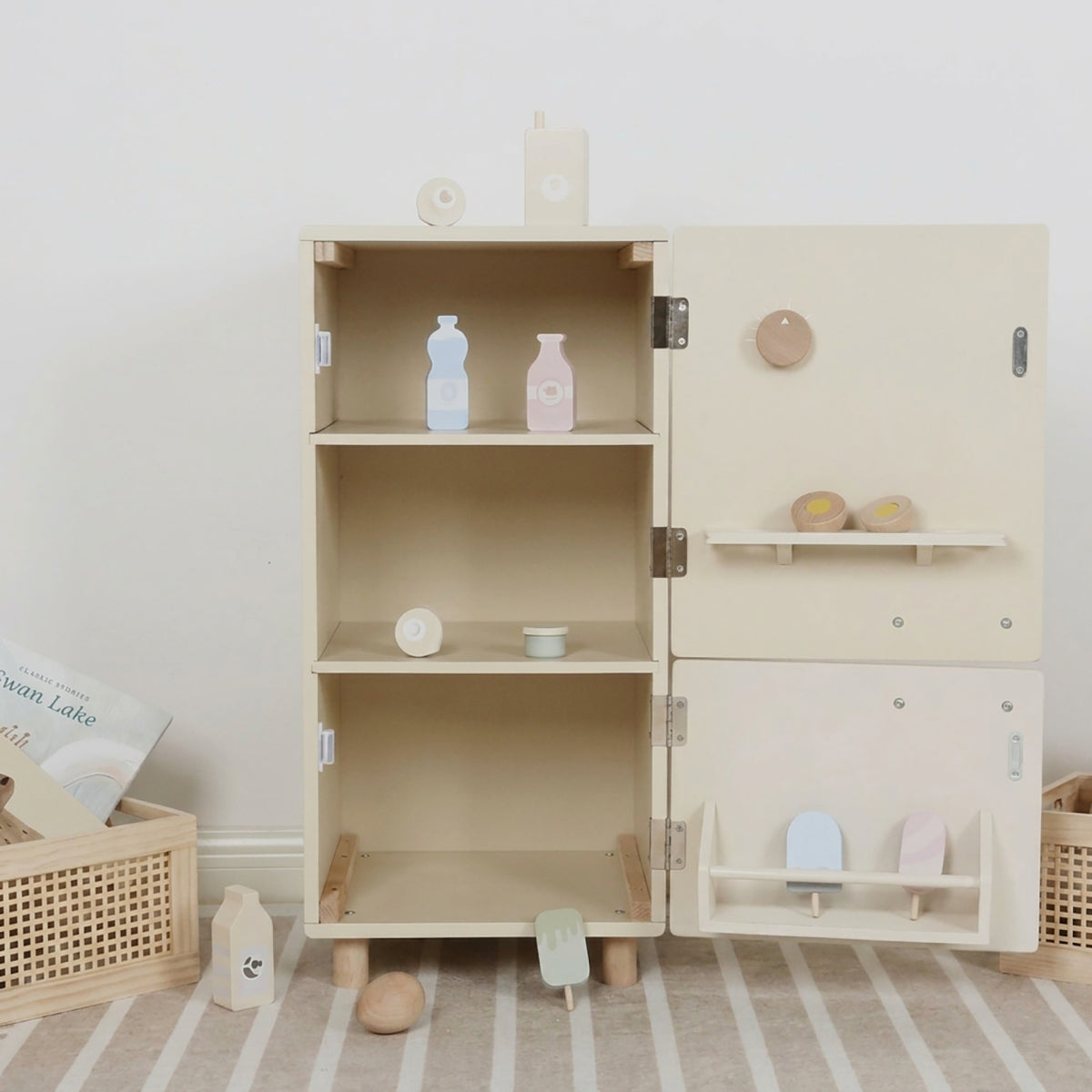 Wooden Mini Fridge Pretend Play Set with 12 Accessories