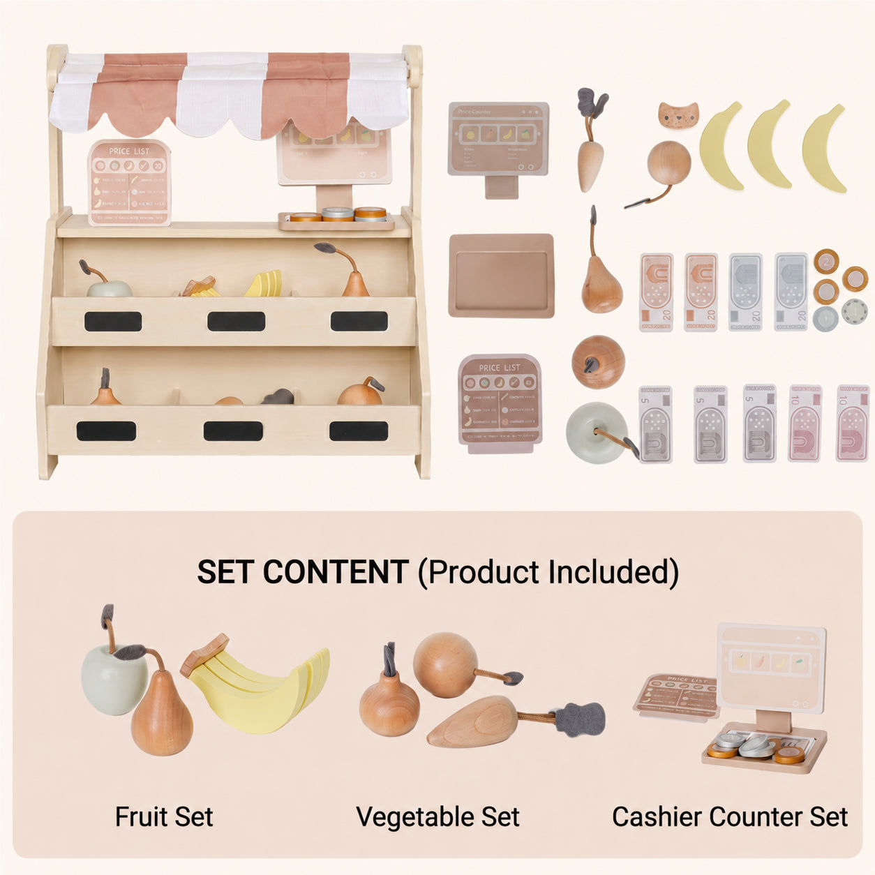 Toddler Pretend Play Market with Wooden Play Food