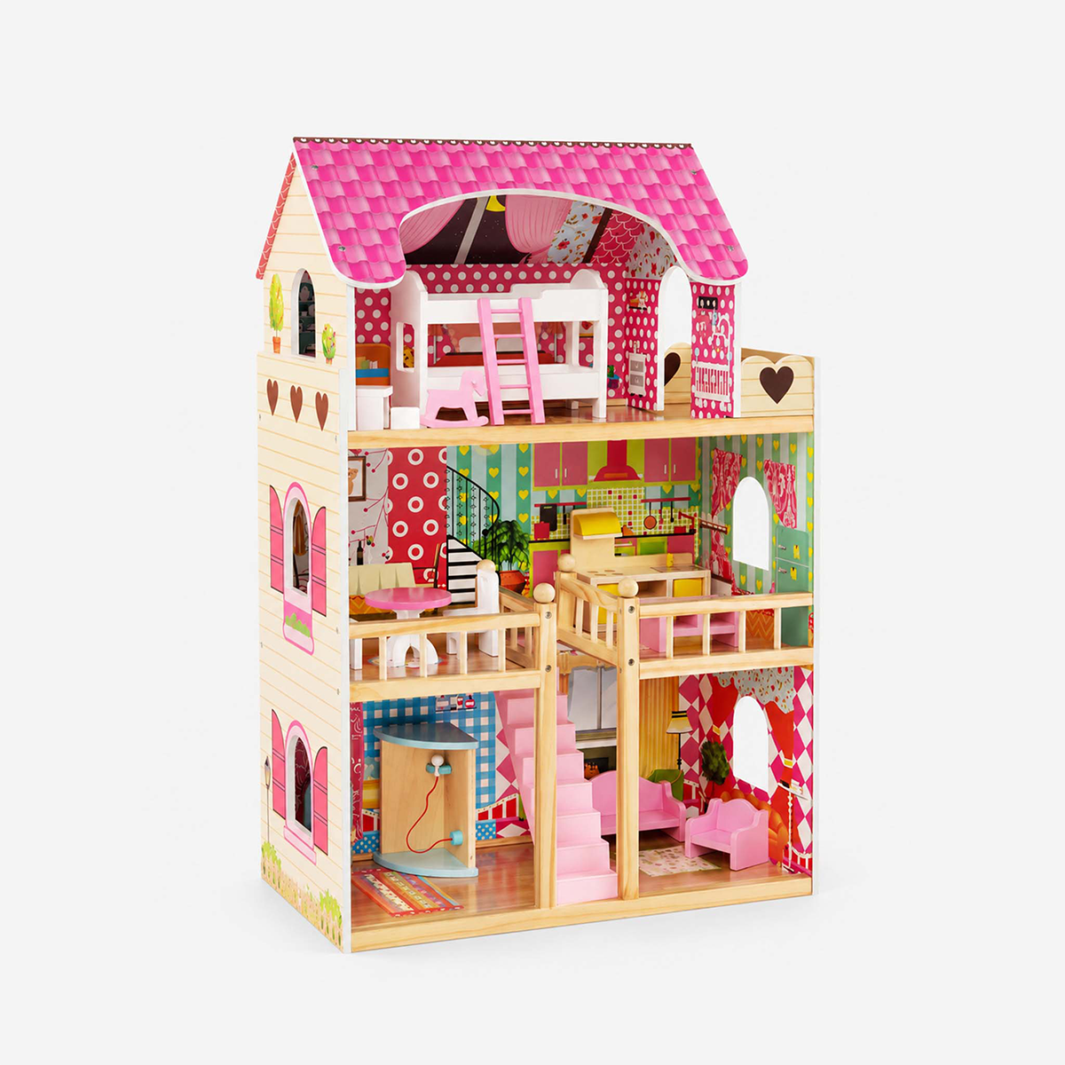 Dollhouse Playset with 6 Rooms & 15-Piece Furniture Set