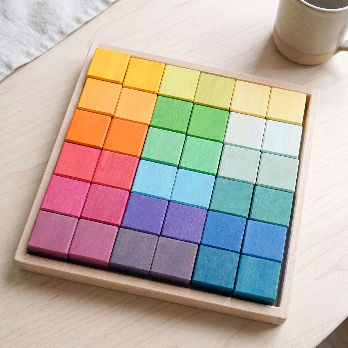 Wooden Mosaic Cubes Set – Montessori Waldorf Rainbow Pastel Building Blocks with Storage Tray