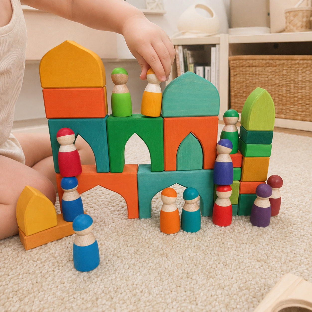 12-Piece Montessori Wooden Rainbow Peg Dolls Open-Ended Play