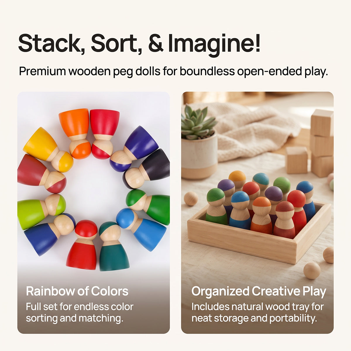 12-Piece Montessori Wooden Rainbow Peg Dolls Open-Ended Play