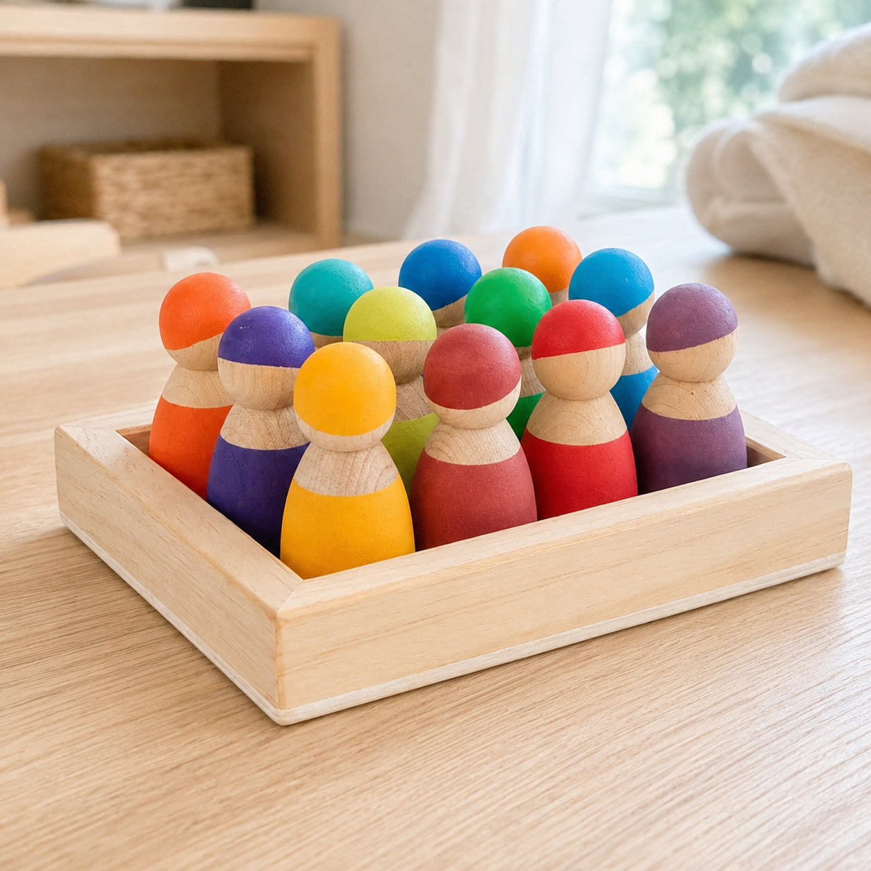 12-Piece Montessori Wooden Rainbow Peg Dolls Open-Ended Play