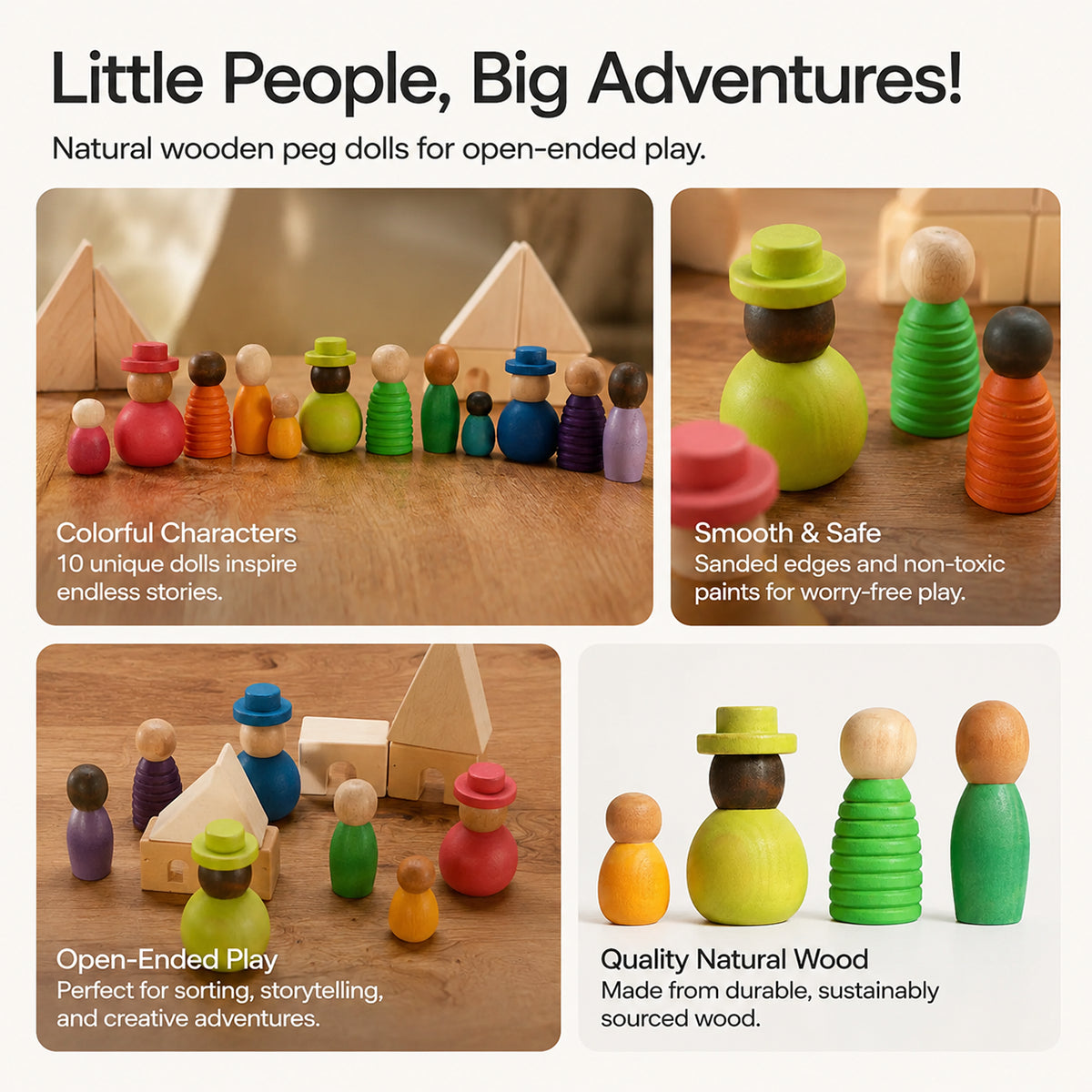 12-Piece Diverse Wooden Peg Dolls Set