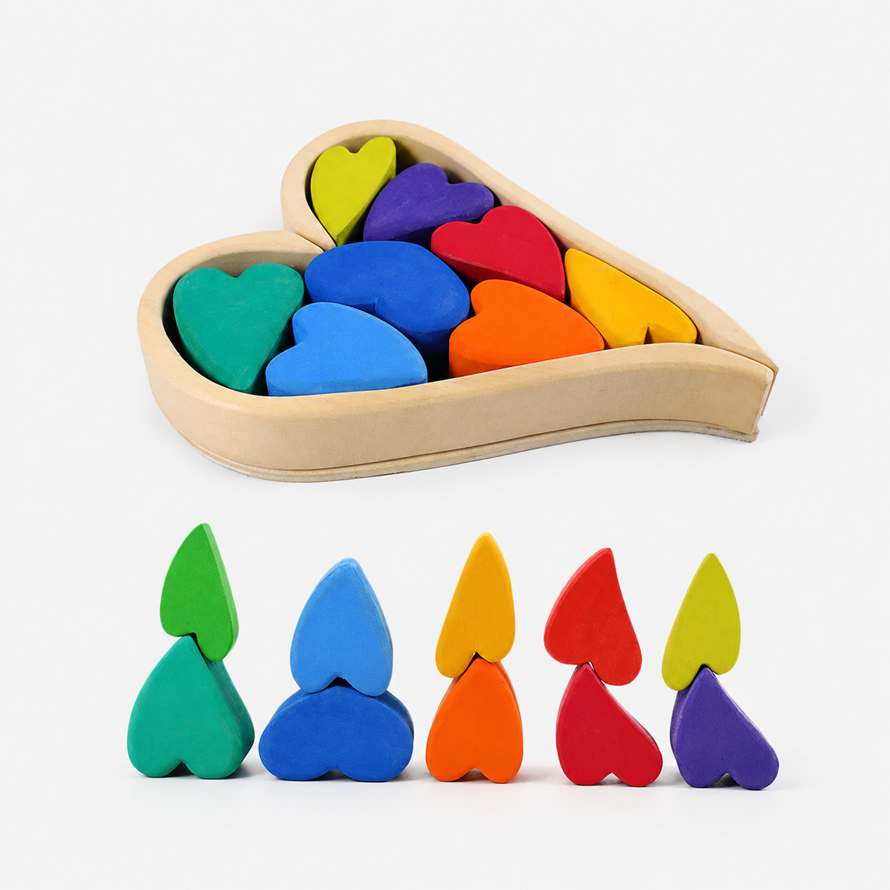 10-Piece Wooden Rainbow Heart Stacking Puzzle & Balancing Blocks