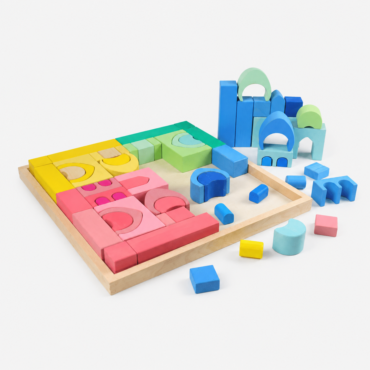 64-Piece Rainbow Wooden Castle Building Blocks Set