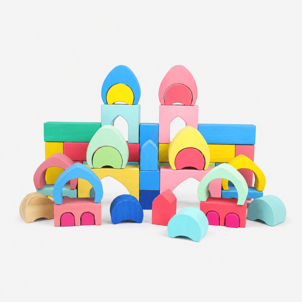 64-Piece Rainbow Wooden Castle Building Blocks Set