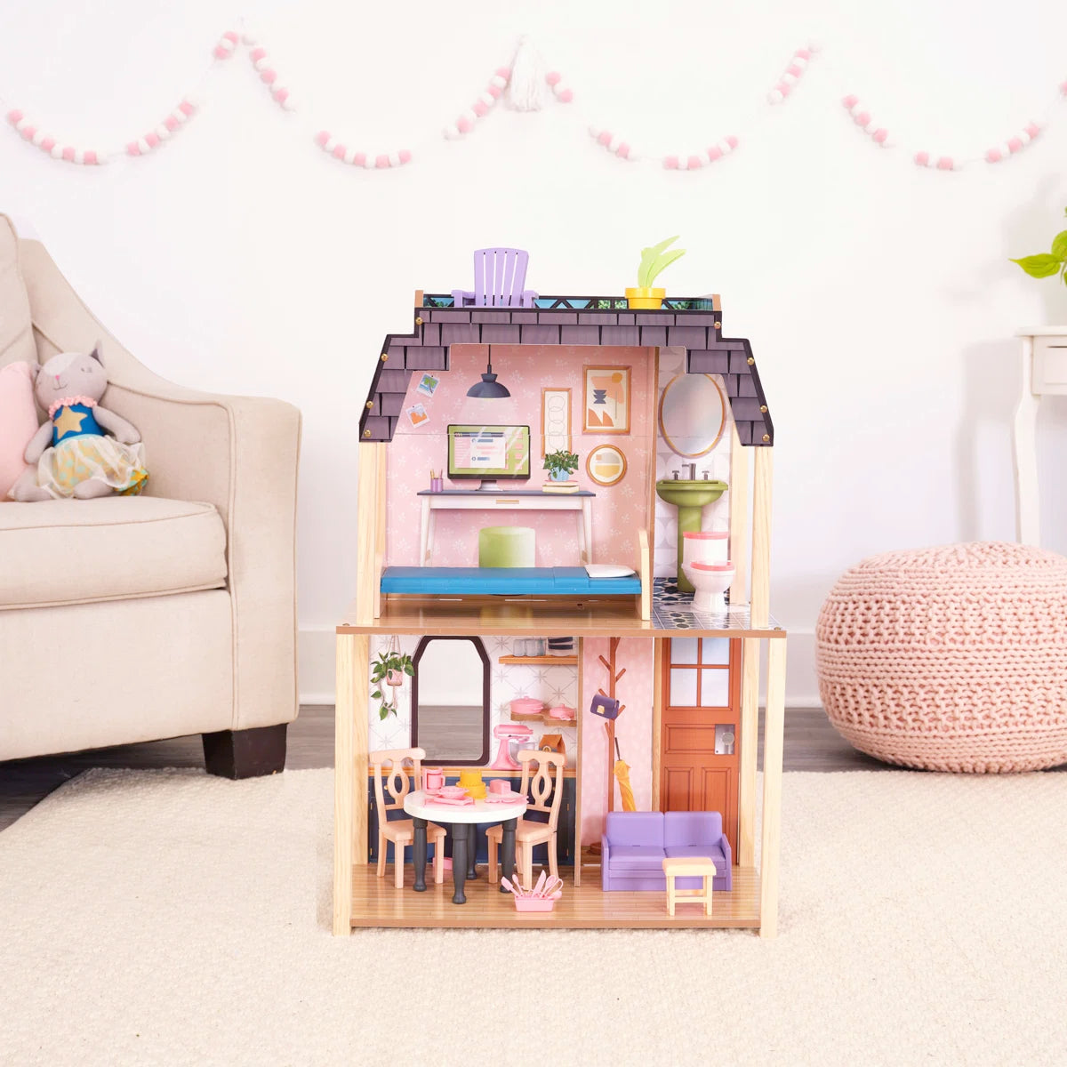 Wooden Dollhouse with Rooftop Deck