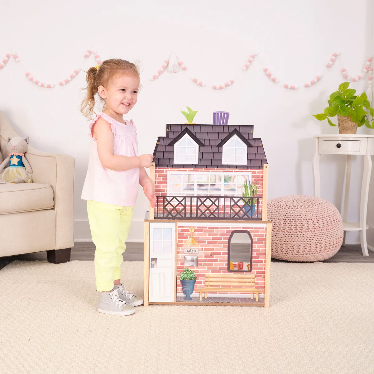Wooden Dollhouse with Rooftop Deck