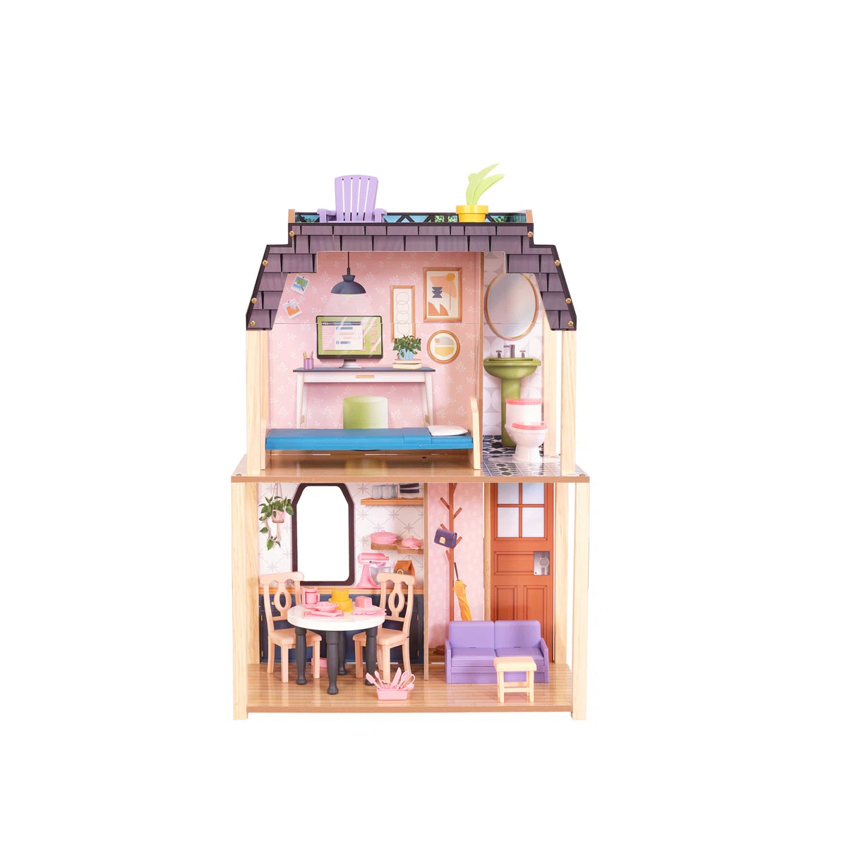 Wooden Dollhouse with Rooftop Deck