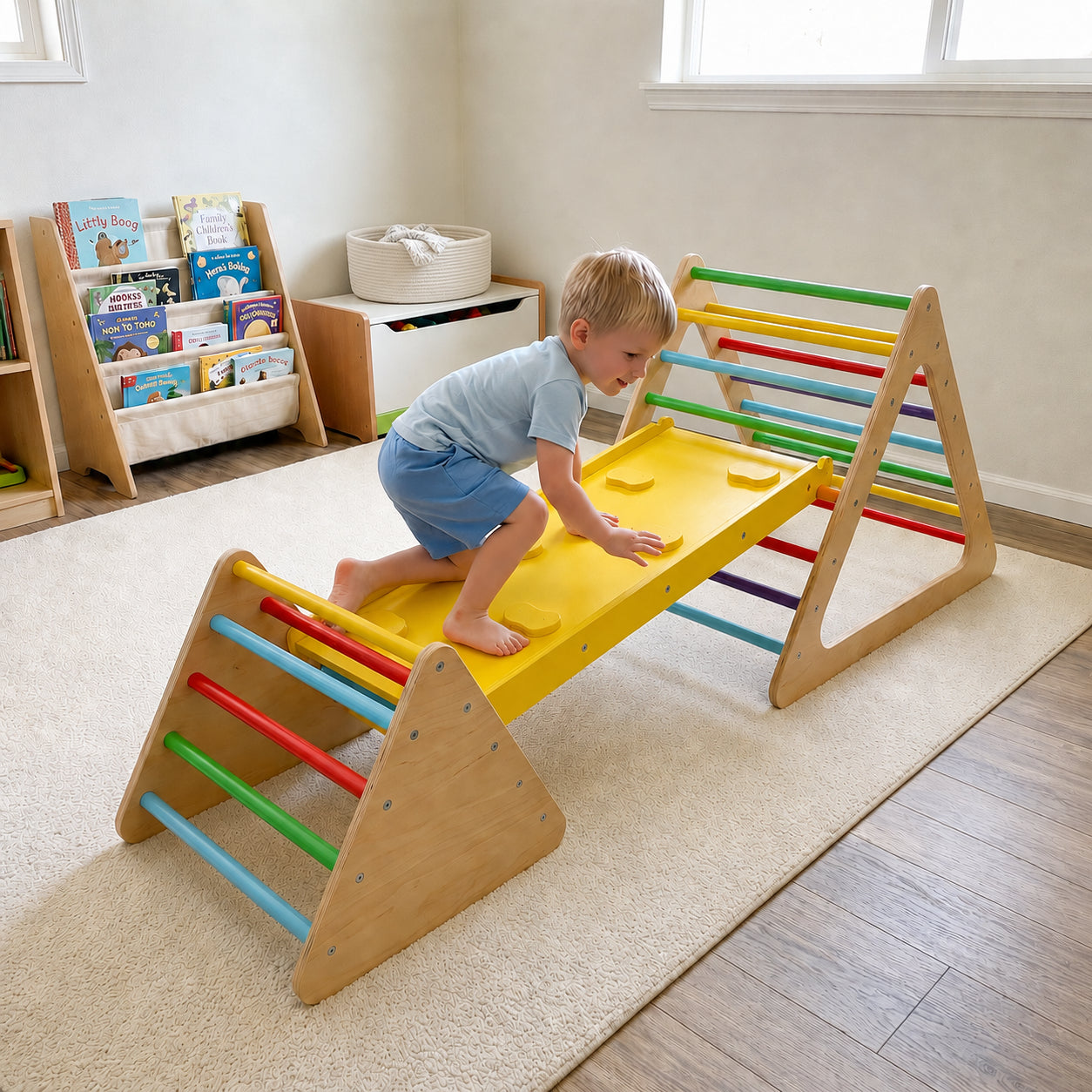 3-Piece Montessori Wooden Climbing Triangle Set with Reversible Ramp