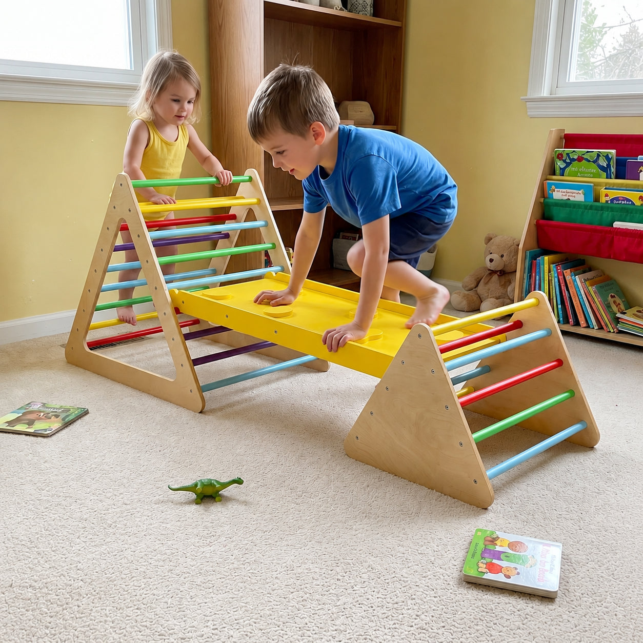 3-Piece Montessori Wooden Climbing Triangle Set with Reversible Ramp