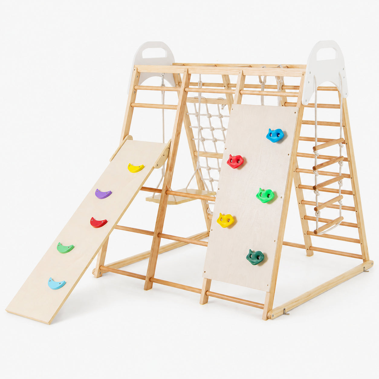 Montessori Wooden Indoor Jungle Gym with Monkey Bars with Reversible Slide and Swing