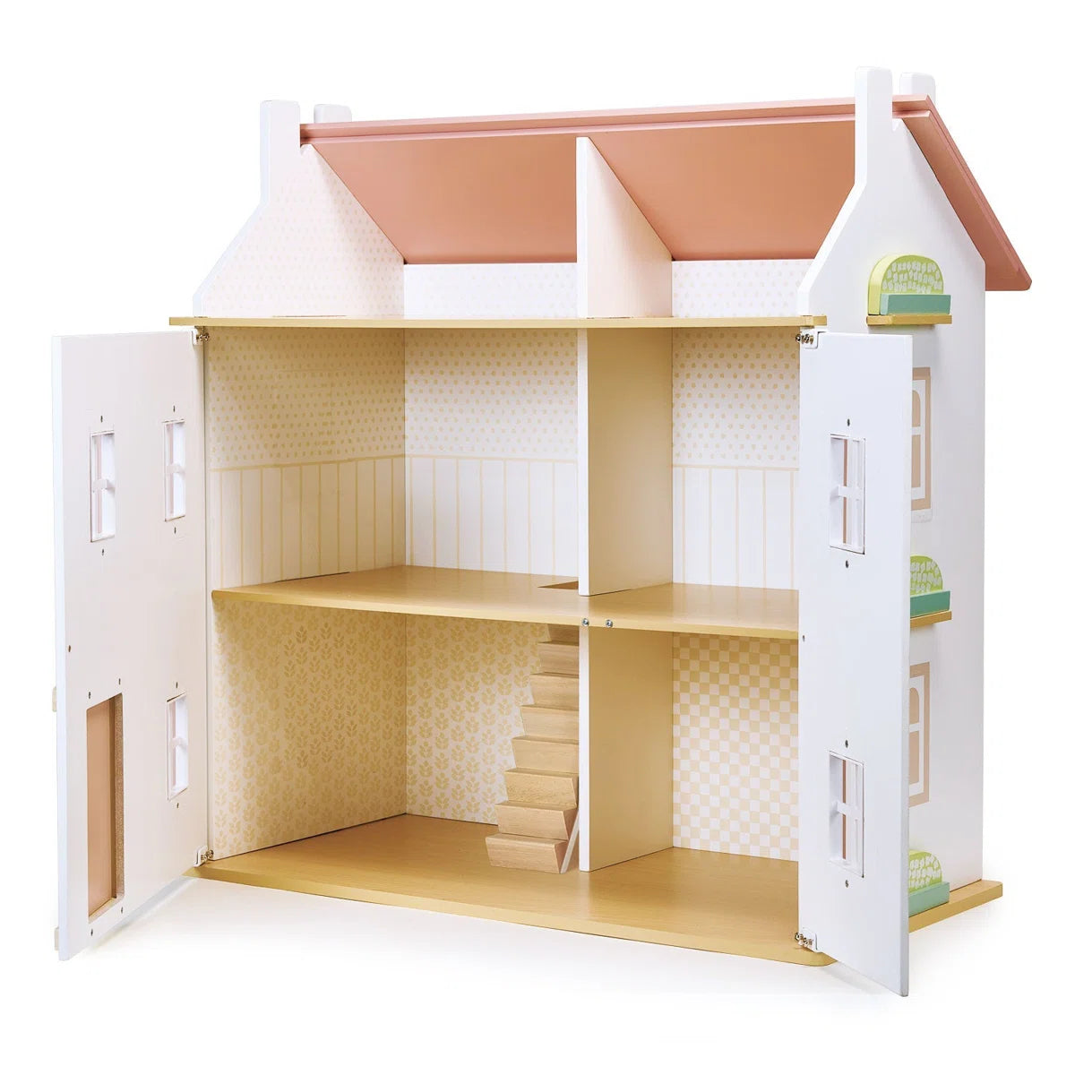 Floral Themed 3-Story Wooden Dollhouse with Furniture