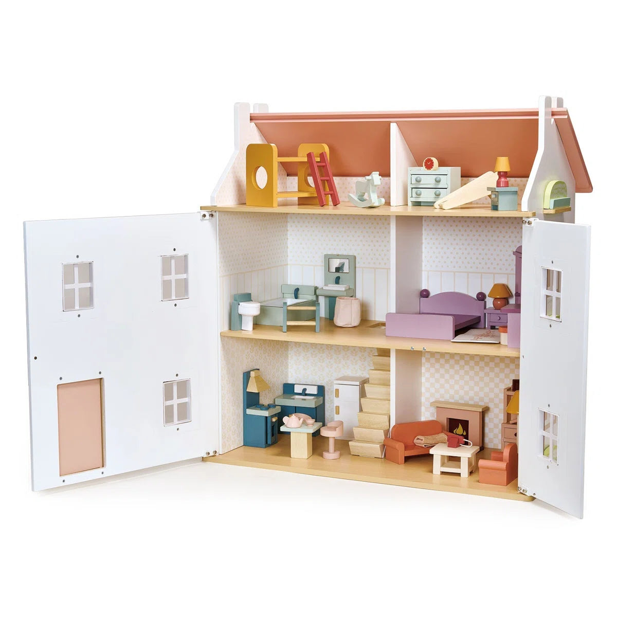Floral Themed 3-Story Wooden Dollhouse with Furniture