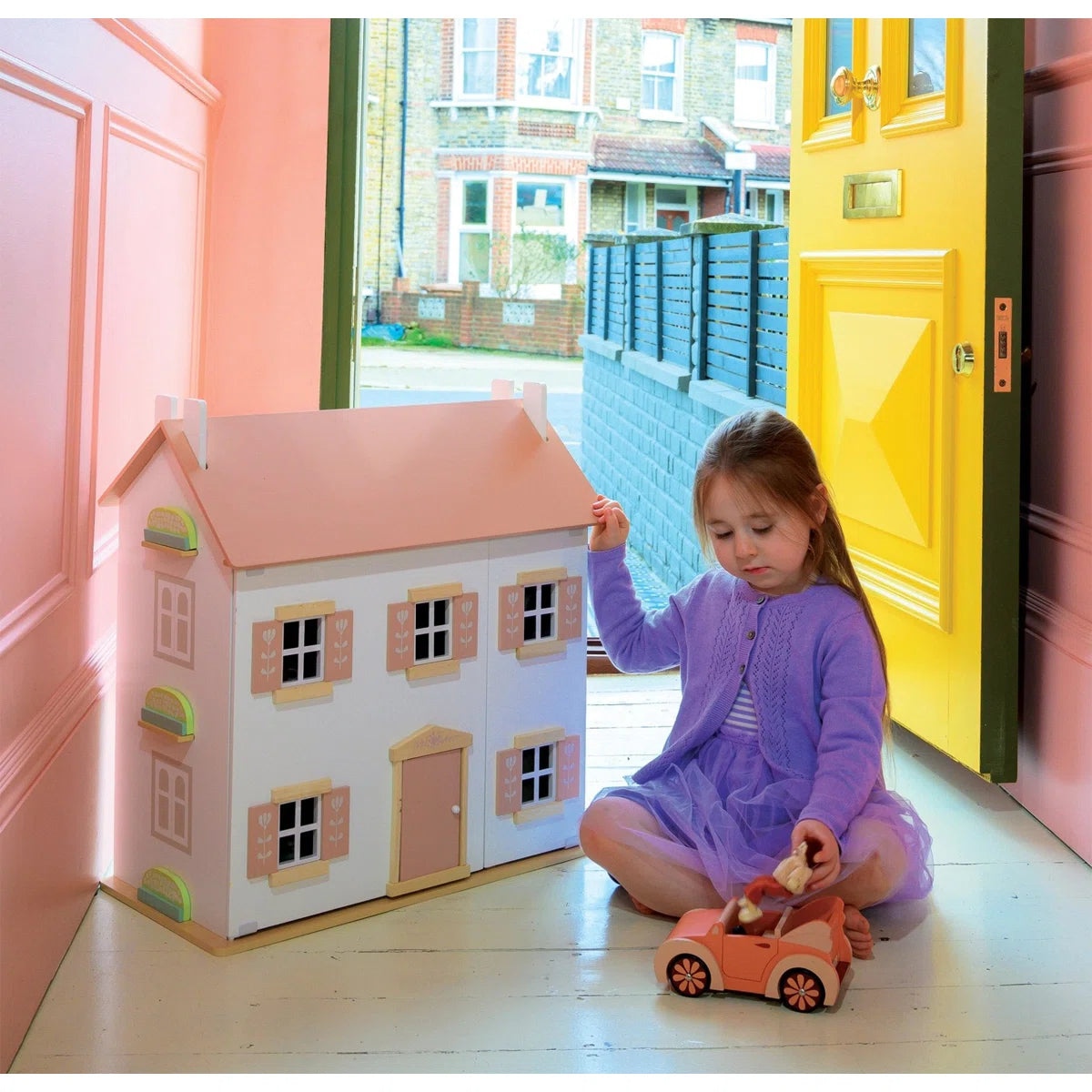 Floral Themed 3-Story Wooden Dollhouse with Furniture