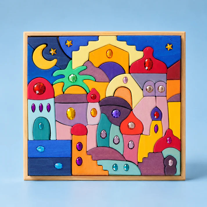 52-Piece Sparkling Gemstone Wooden Mandala Puzzle & Building Set