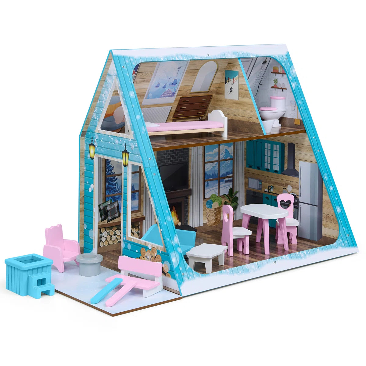 15-Piece Wooden Ski Chalet Dollhouse