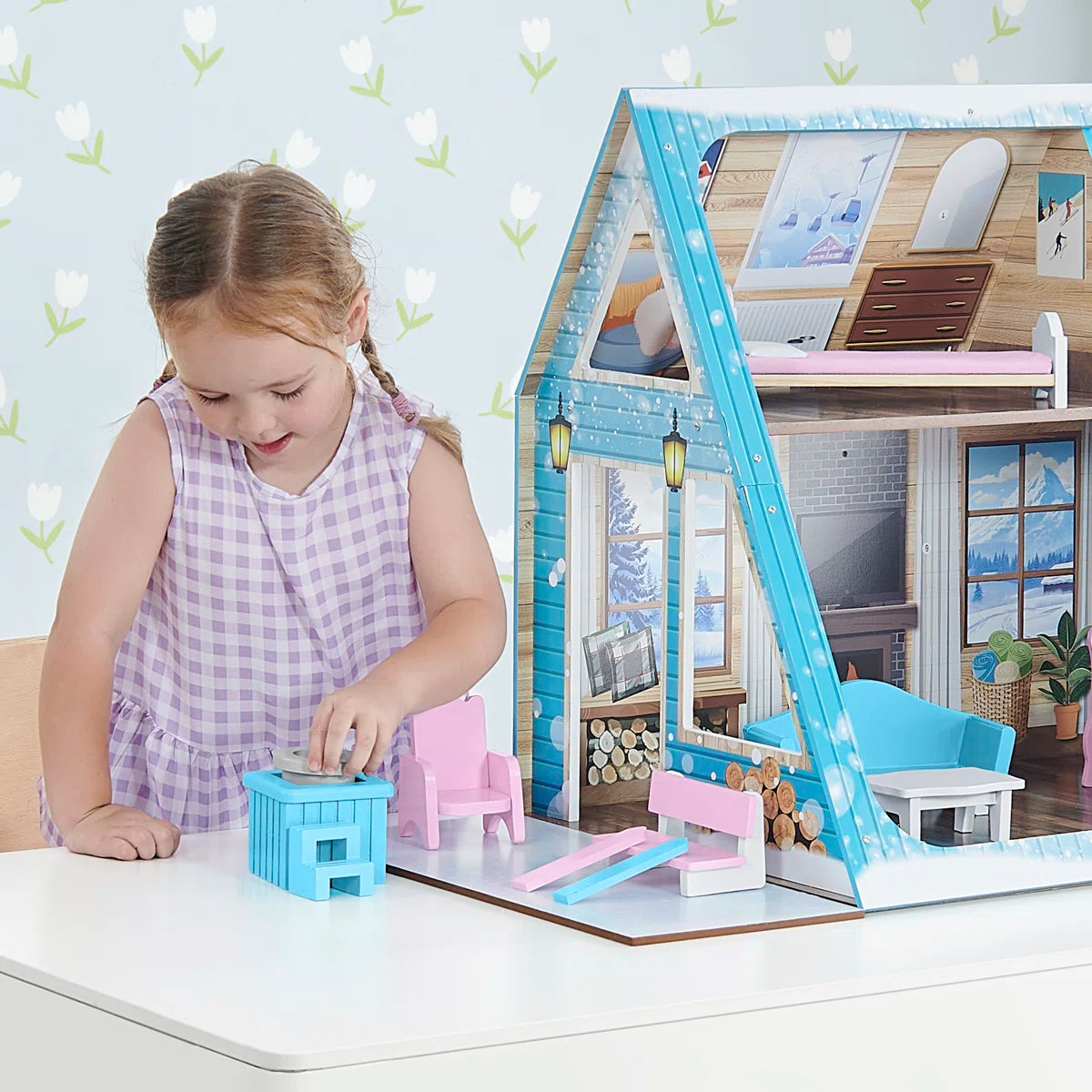 15-Piece Wooden Ski Chalet Dollhouse