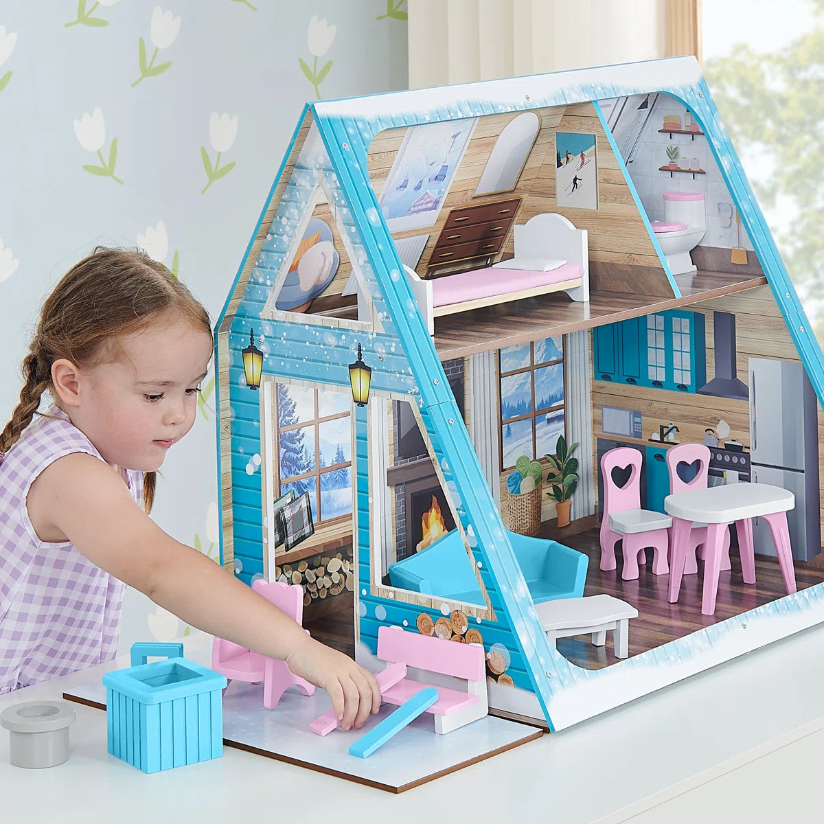 15-Piece Wooden Ski Chalet Dollhouse